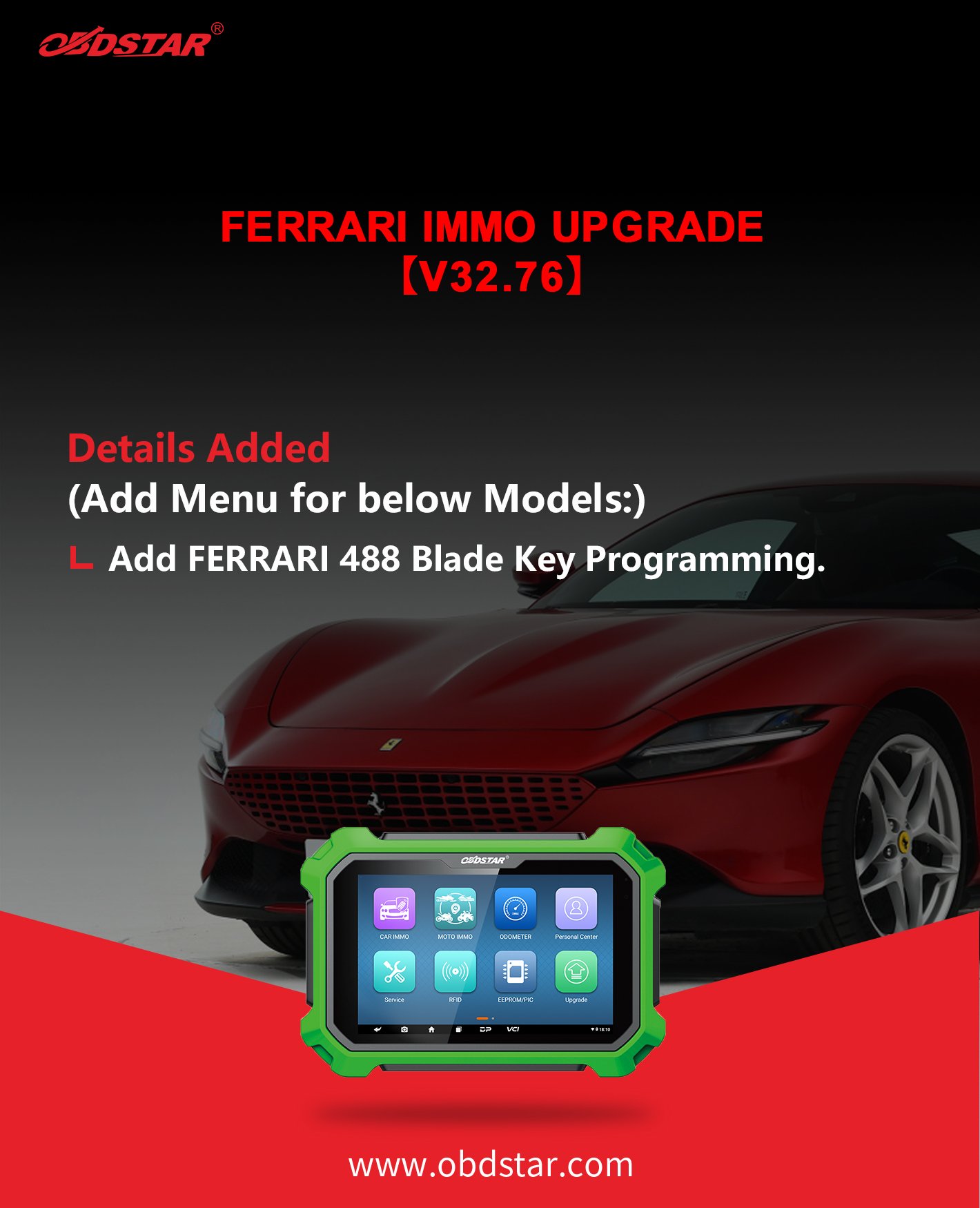 Ferrari [V32.76] IMMO Upgrade on OBDSTAR X300 DP Plus and X300 DP and X300 Pro4