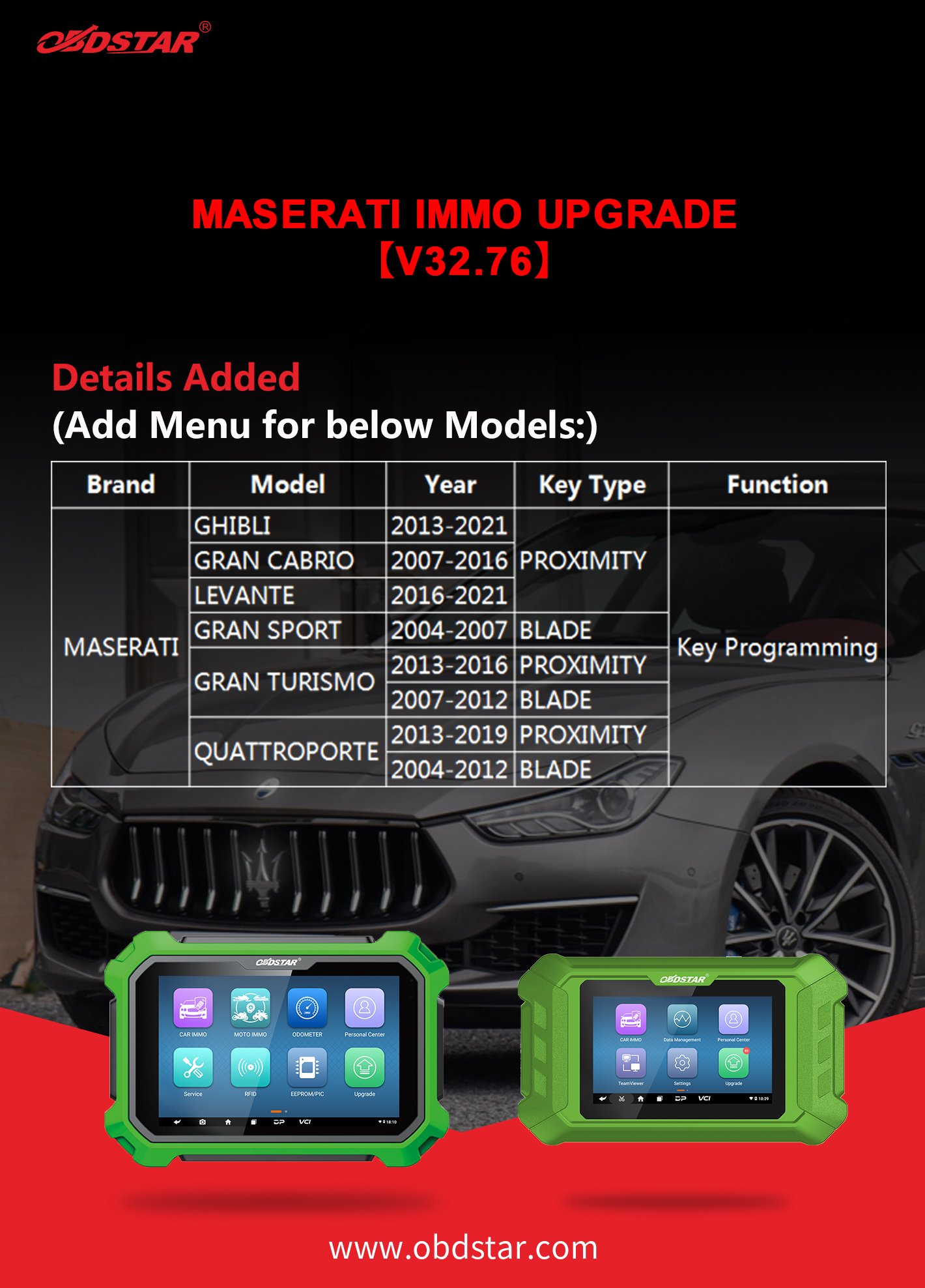Maserati V33.76 Immo Upgrade on OBDSTAR X300 DP Plus and X300 DP and x300 Pro4