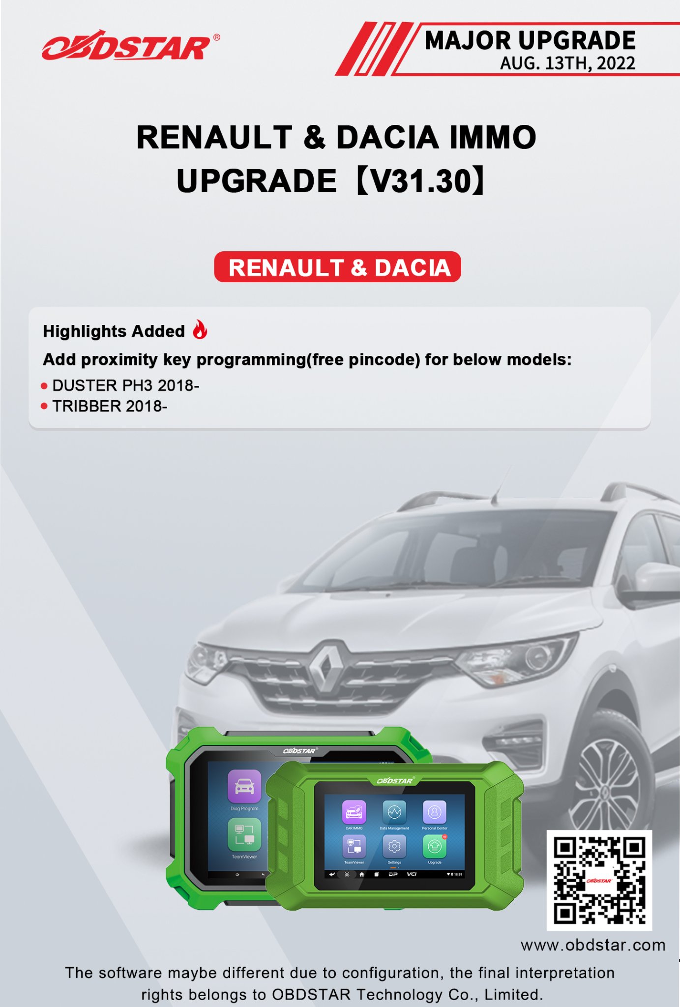 RENAULT & DACIA V31.30 IMMO Upgrade on OBDSTAR X300 DP Plus and X300 MINI CHRYSLER and X300 Pro4